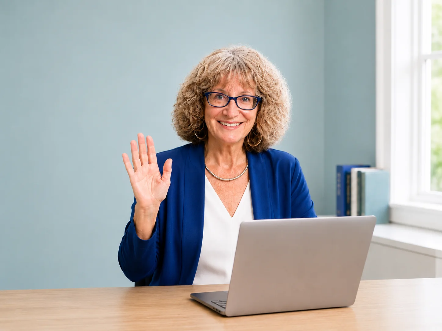 Lori De Milto waving from her desk