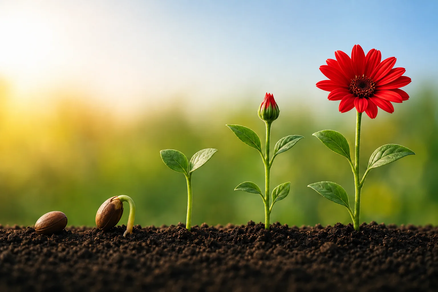 Red flowers growing from seed to full bloom